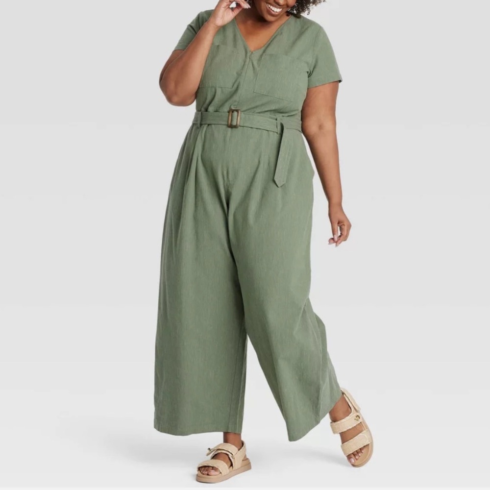 Green V-Neck Jumpsuit with Belt